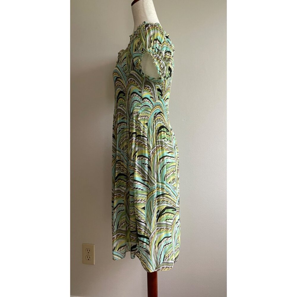 Melissa Paige Smocked Puff Sleeve Dress Womens L Green Print Lined Flowy - Picture 4 of 8